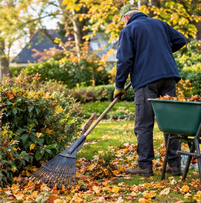 Herfstbladeren harken in de tuin, met een kruiwagen vol blad