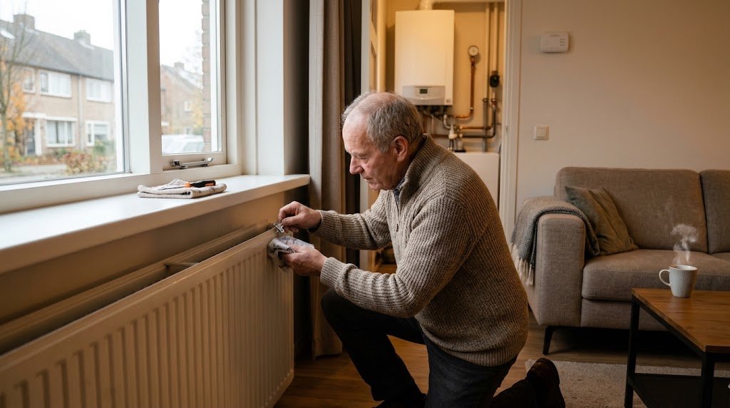 Een oudere man ontlucht een radiator met een radiatorsleutel en een doekje