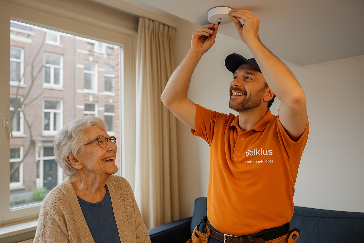 Een BelKlus-vrijwilliger helpt een oudere bewoner thuis